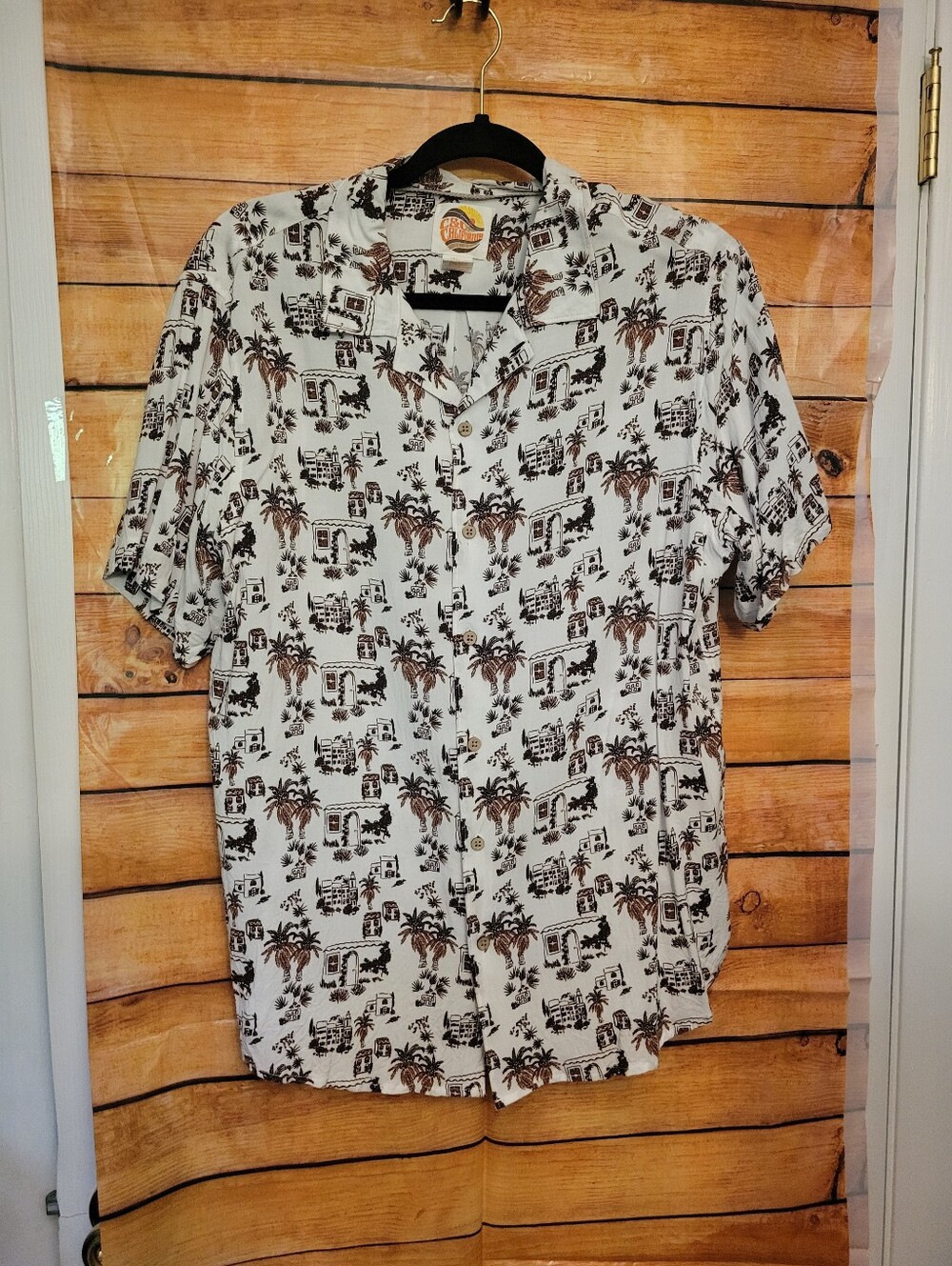 Casual Tropical Print Short-Sleeve Shirt - White/Brown L